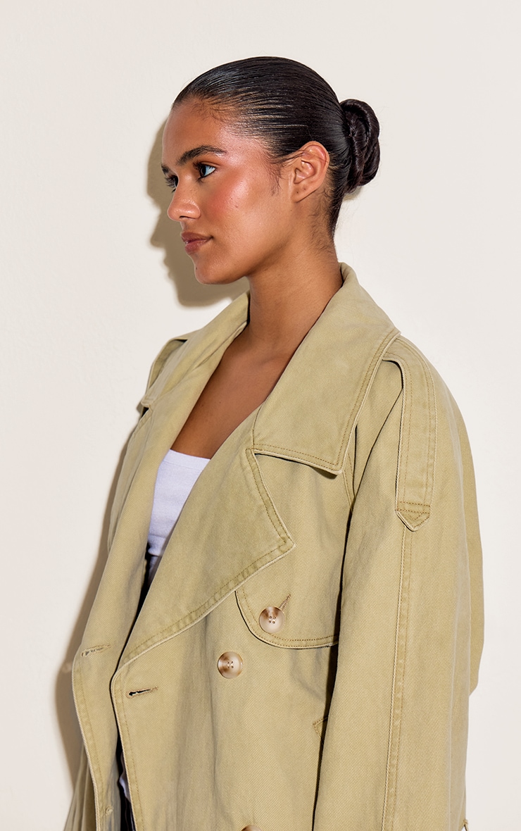 Sand Belted Cropped Button Detail Denim Trench image 1