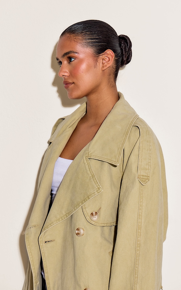 Sand Belted Cropped Button Detail Denim Trench