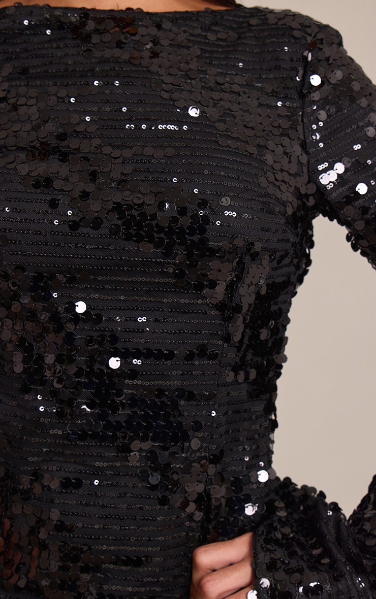 Black Glitter Boat Neck Long Sleeve Bodycon Dress image 4