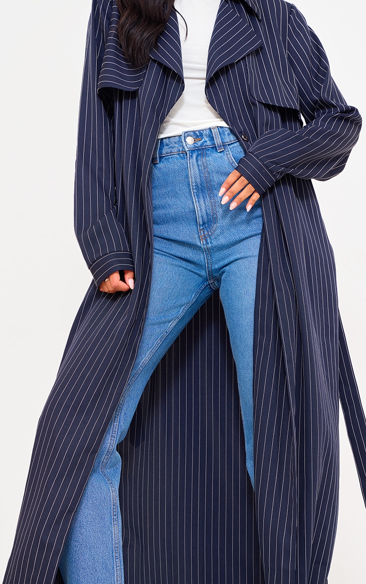 Tall Navy Pinstripe Tie Belt Maxi Trench Coat image 4