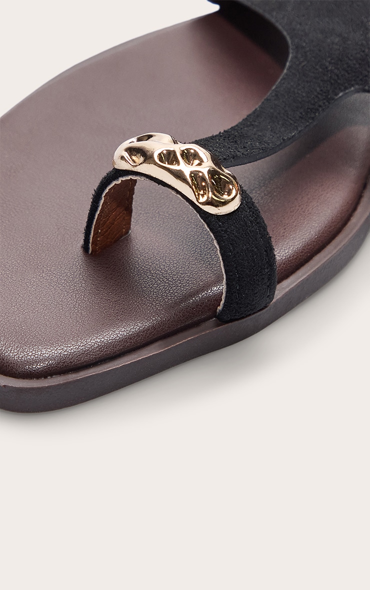 Black Faux Suede Toe Thong Gold Hardware Sandal image 3