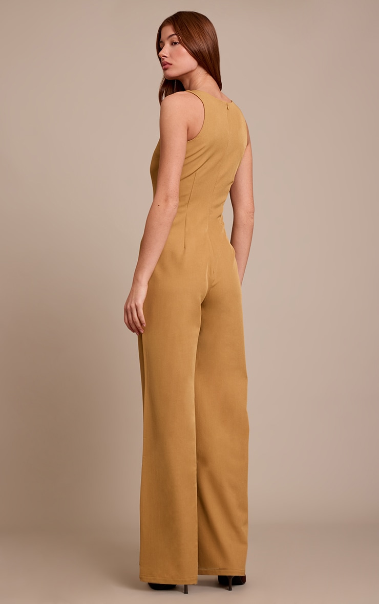 Olive Woven V Neck Pocket Detail Wide Leg Jumpsuit image 2