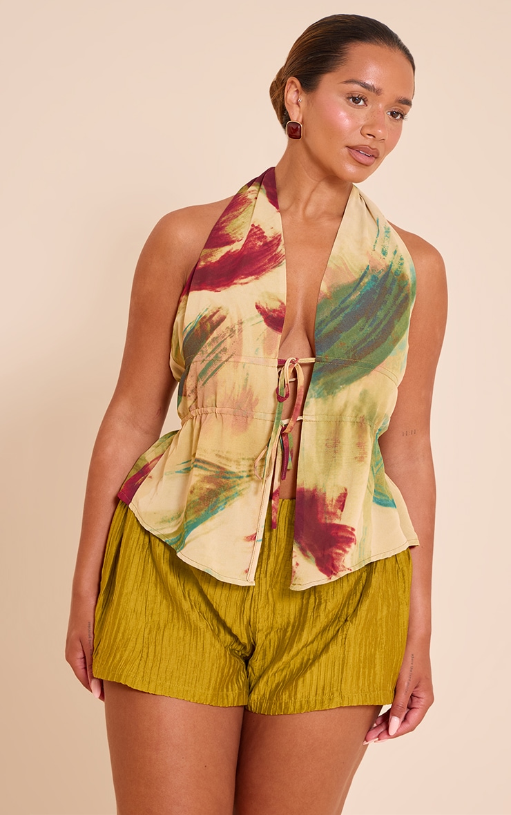 Shape Olive Textured Pleat Highwaisted Mini Shorts image 1