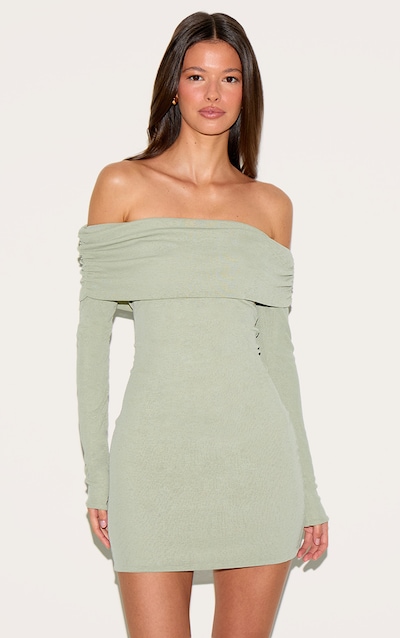 Sage Green Onion Skin Bardot Ruched Bodycon Dress