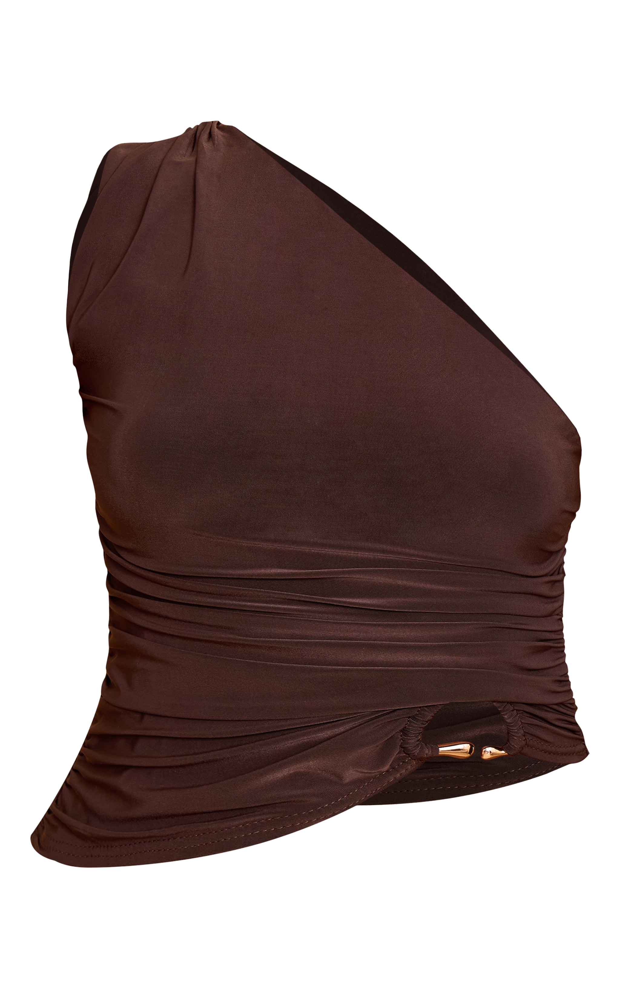 Chocolate Double Layer Slinky One Shoulder Trim Detail Crop Top image 5