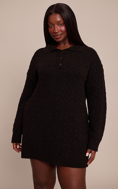 Plus Black Boucle Cable Knit Mini Shirt Dress