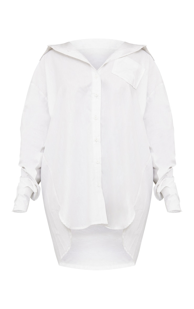 White Cotton Oversized Ruched Sleeve Shirt Dress image 5
