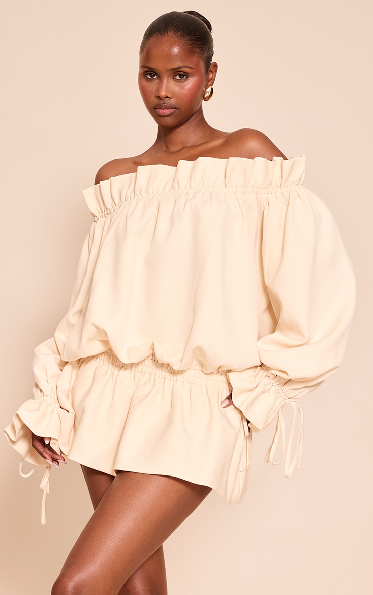 Cream Woven Tie Detail Bandeau Long Sleeve Mini Dress image 1