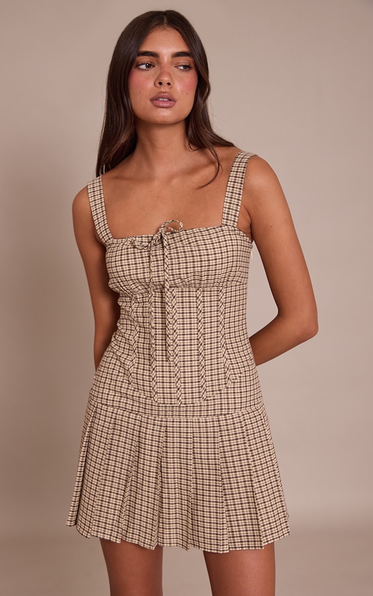 Cream Check Tie Detail Strappy Shift Dress