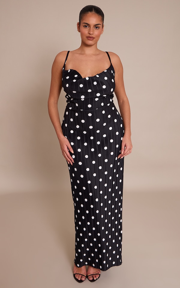 Plus Black Polka Dot Printed Plisse Cowl Neck Maxi Dress