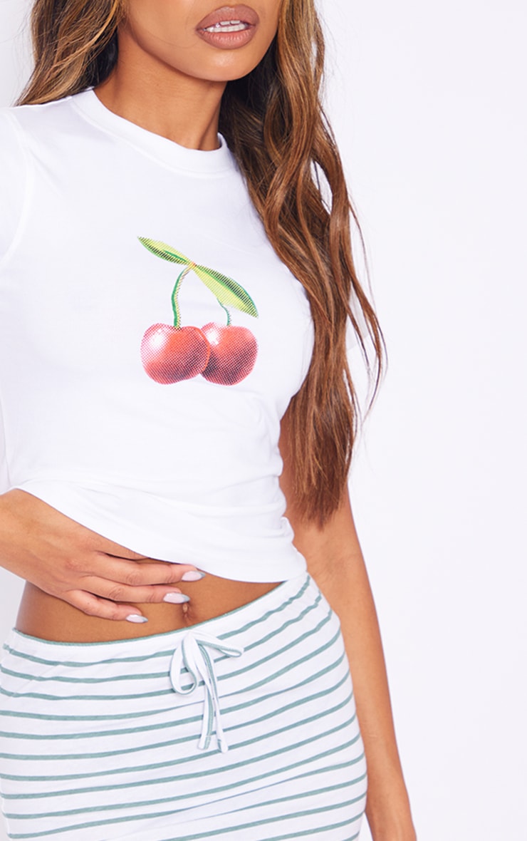 White Cherry Printed Fitted Long T Shirt | Tops