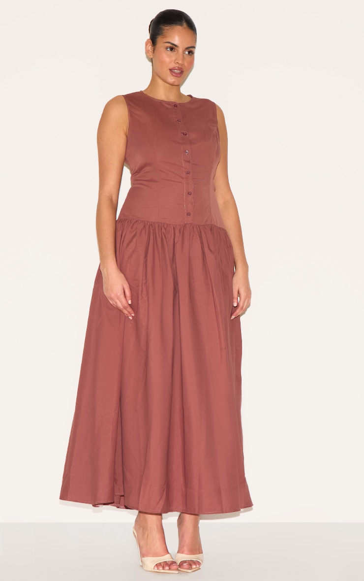 Plus Brown Button Down Drop Waist Maxi Dress image 3