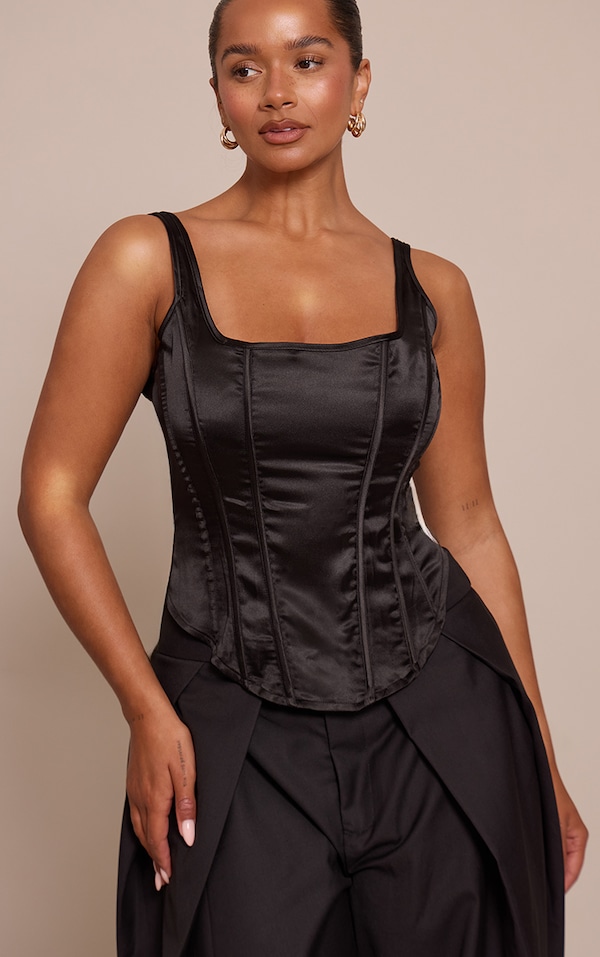Shape Black Square Neck Satin Longline Corset Top 