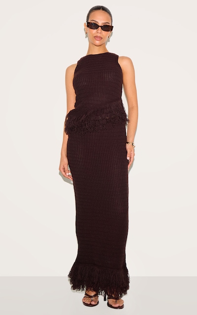 Petite Chocolate Fringe Edge Knit Maxi Skirt