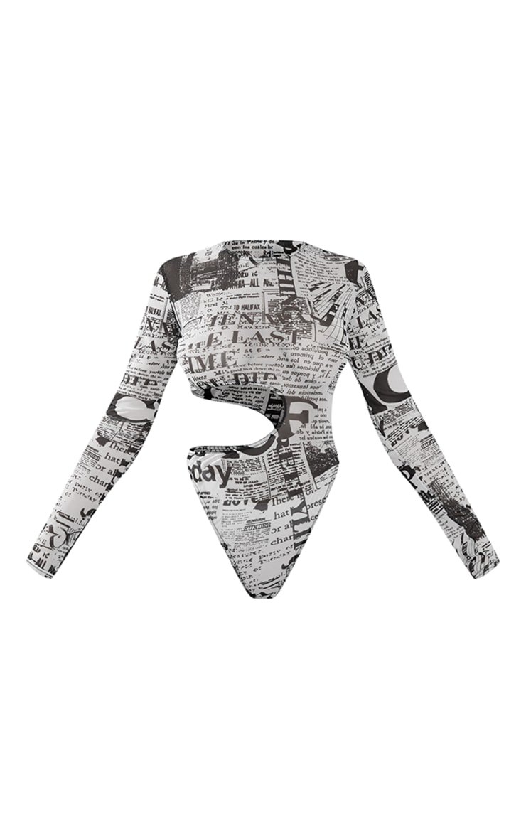 Black Newspaper Print Mesh Cut Out Bodysuit image 5