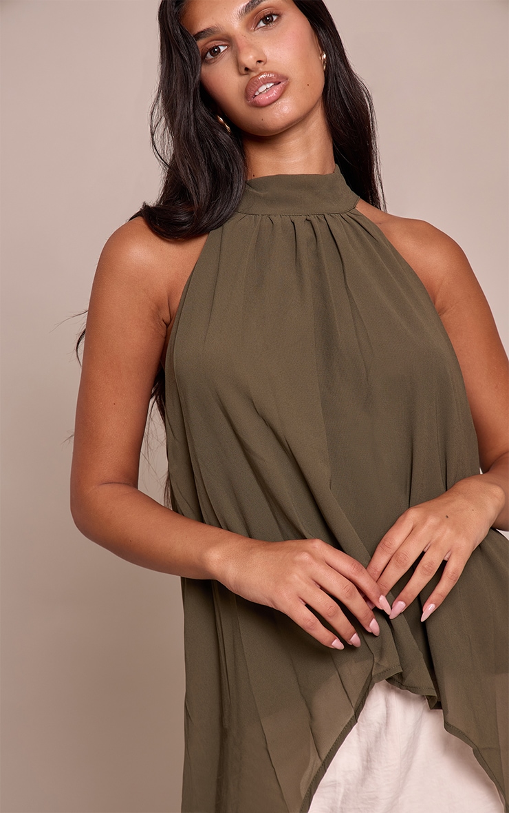 Khaki Chiffon Highneck Extreme Longline Top image 4
