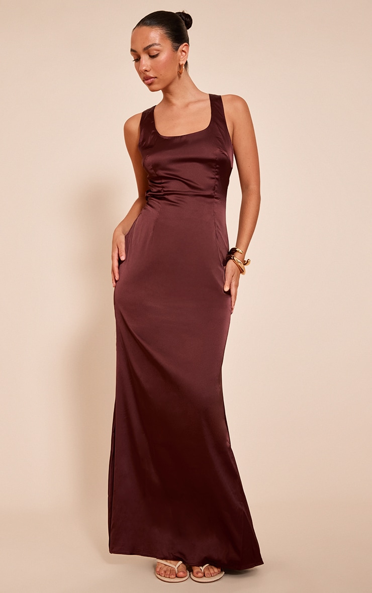 Chocolate Satin Cross Back Midaxi Dress image 2