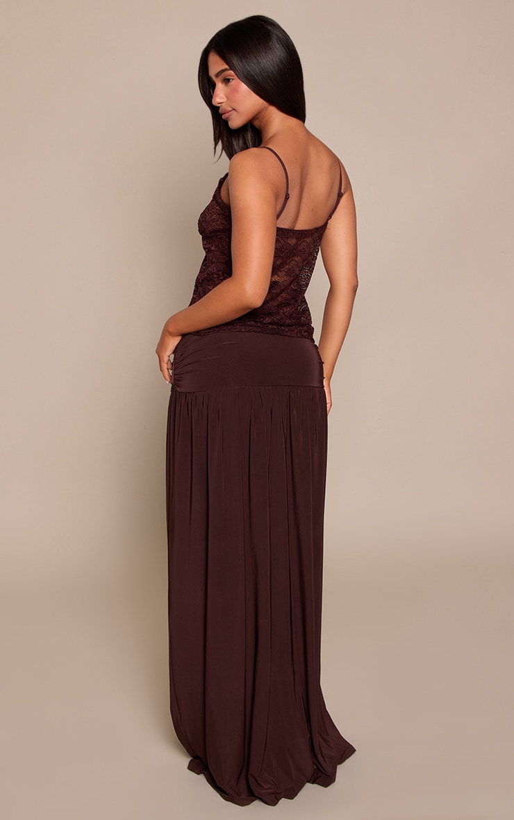 Petite Chocolate Ruched Trim Detail Waist Slinky Flowy Maxi Skirt image 3