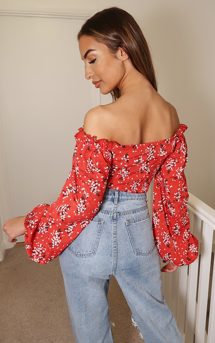 Red Ditsy Floral Mesh Cup Long Sleeve Top PrettyLittleThing