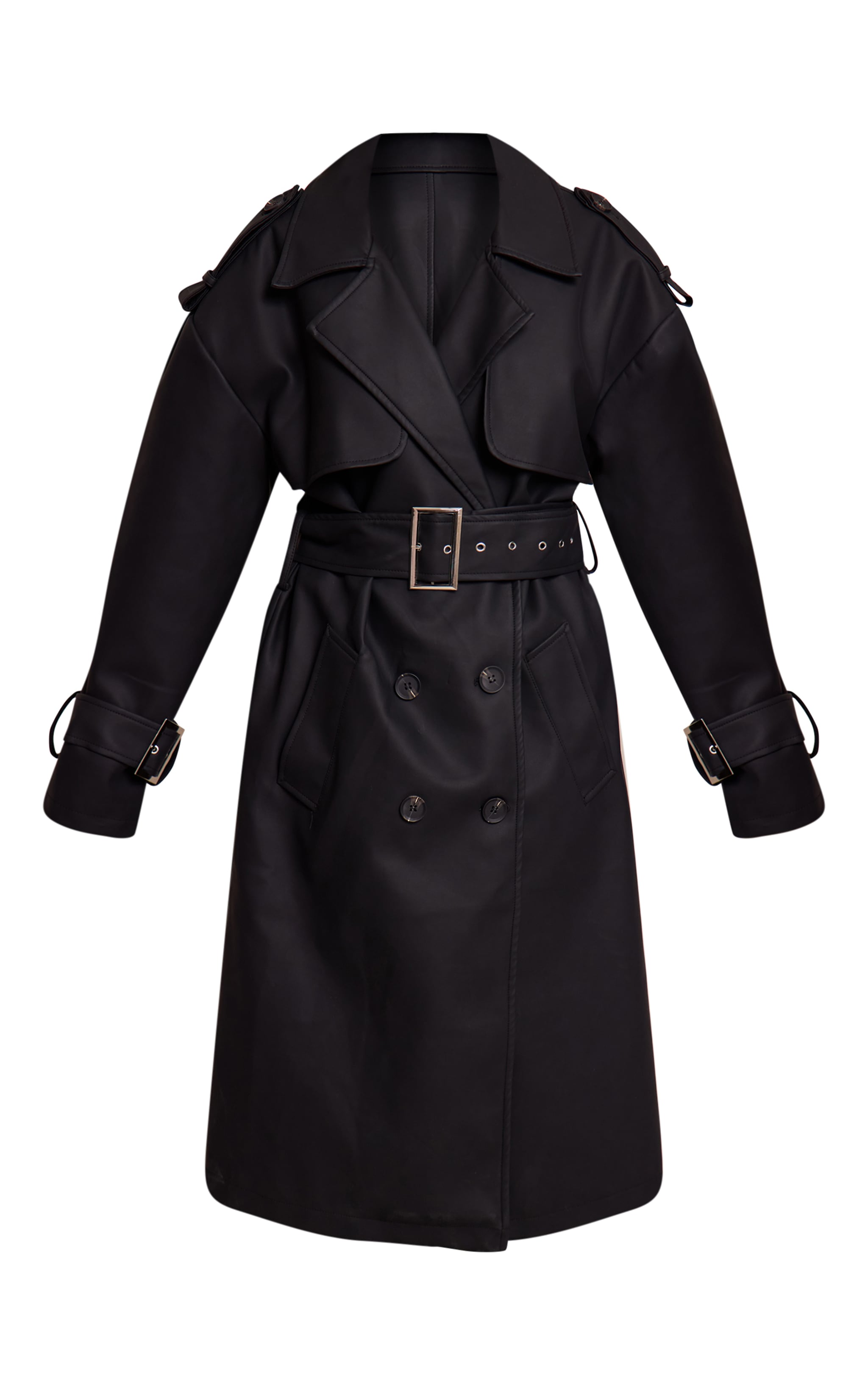 Petite Black Faux Leather Buckle Trench Coat image 5