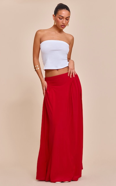Red Slinky Drop Waist Ruched Panel Maxi Skirt