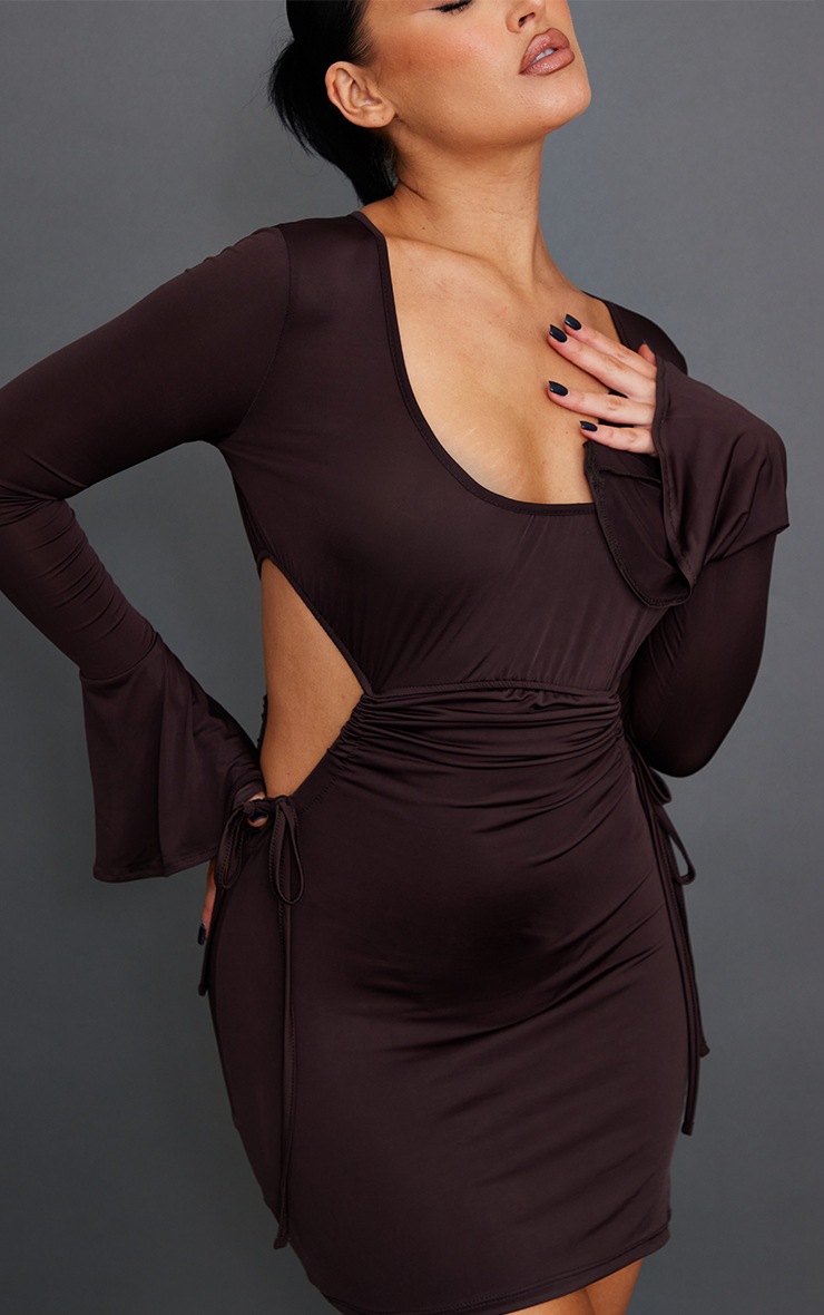 Chocolate Slinky Side Cut Out Flared Sleeve Bodycon Dress image 4