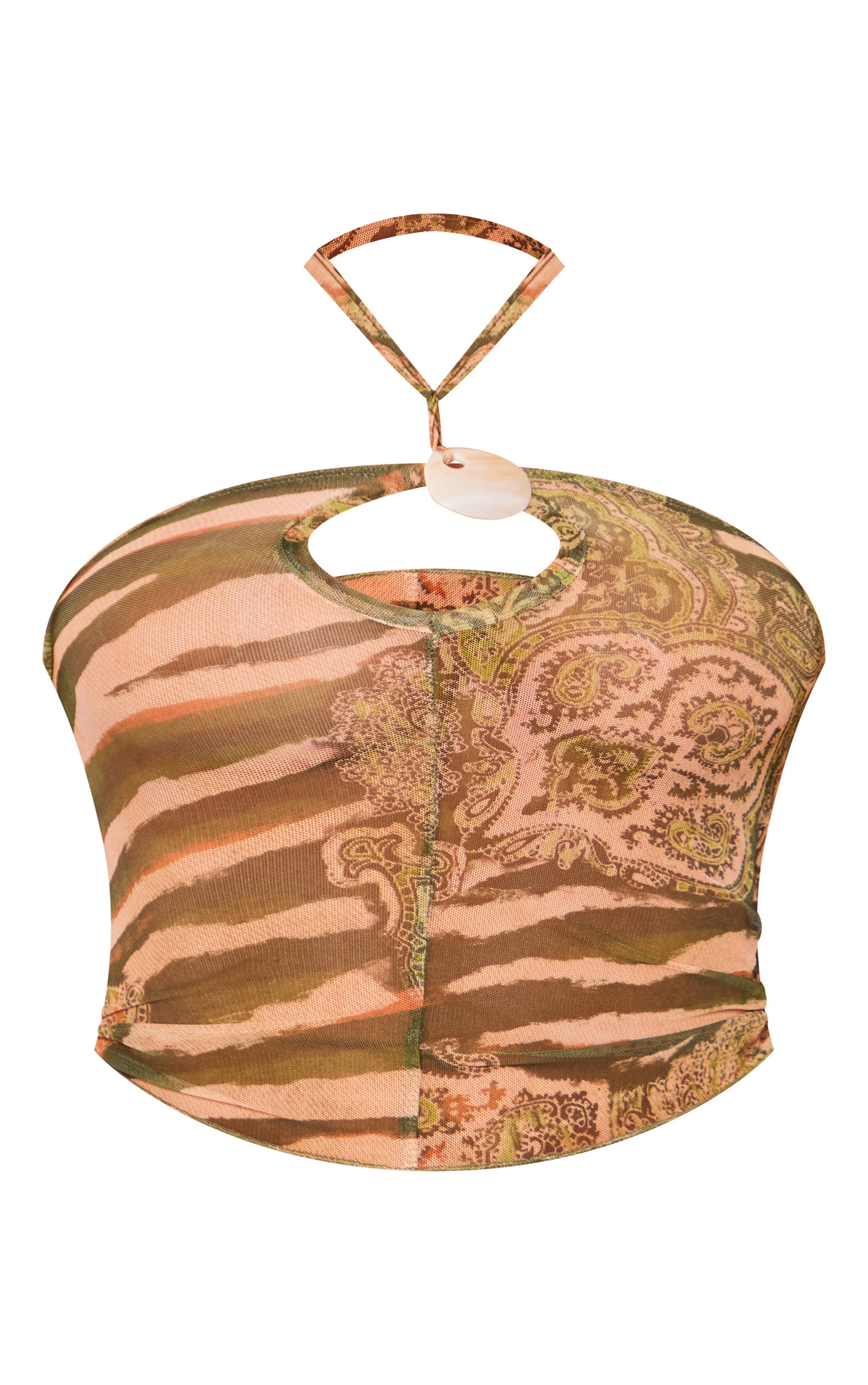 Brown Shell Detail Printed Mesh Halter Neck Crop Top image 5