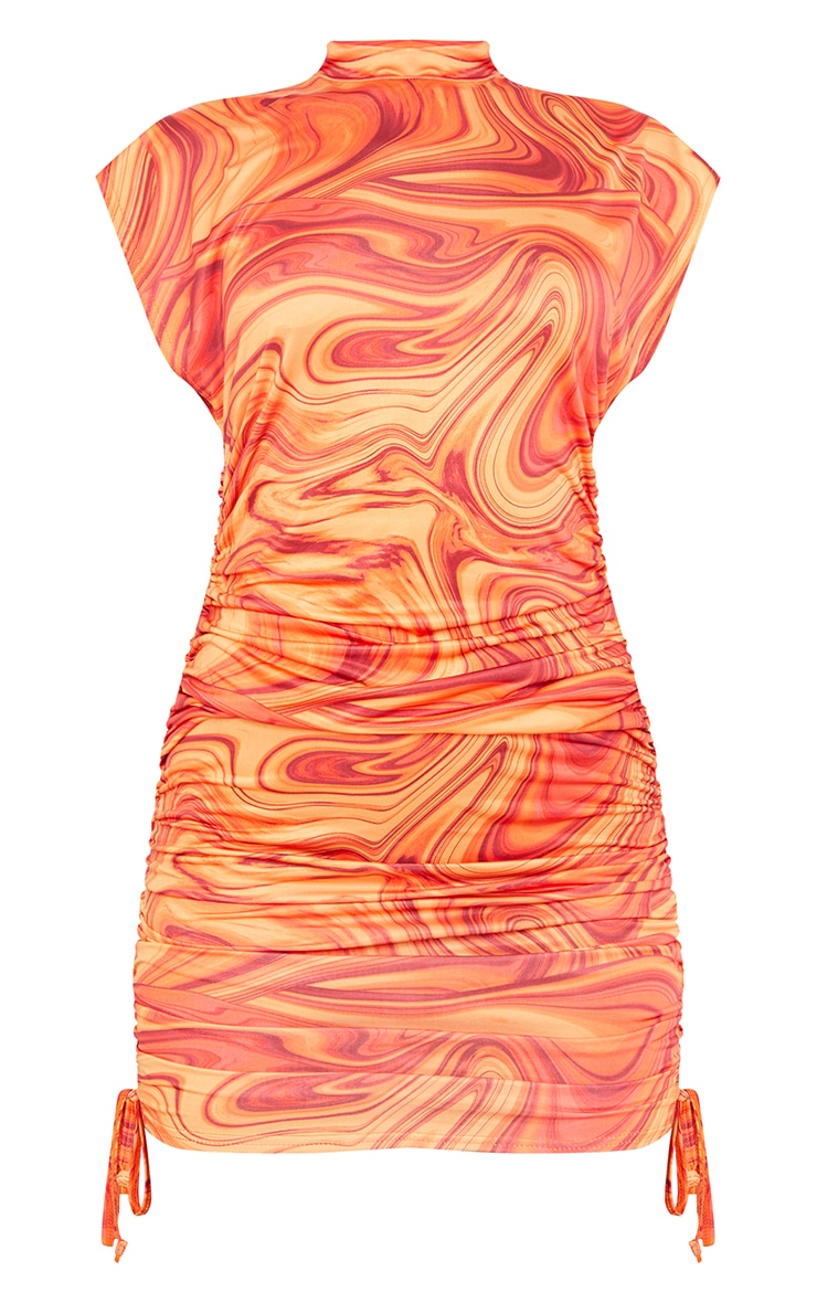 Burnt Orange Abstract Marble Printed Mesh Ruched Bardot Bodysuit Burnt Orange