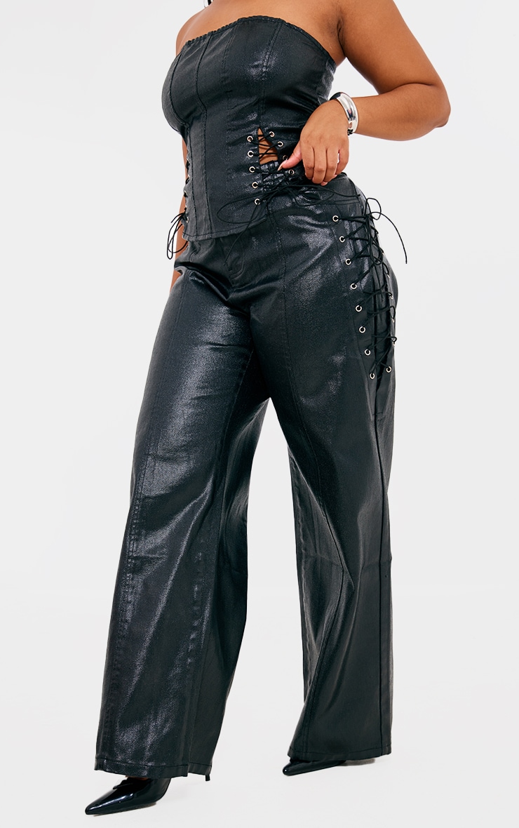 Plus Black Coated Denim Lace Up Wide Leg Jeans image 2