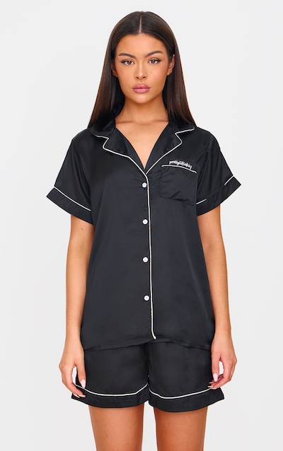 Black Satin Contrast Piping Short Pj Set
