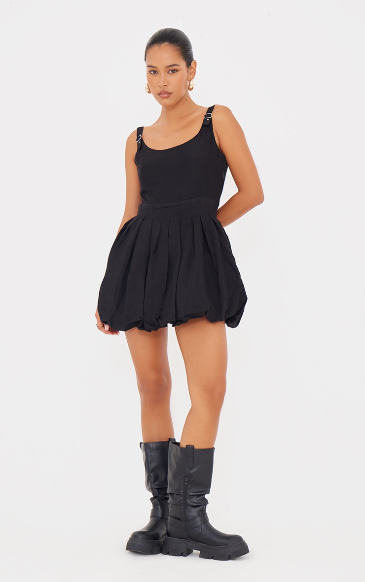 Black Textured Buckle Strap Puffball Dress image 3