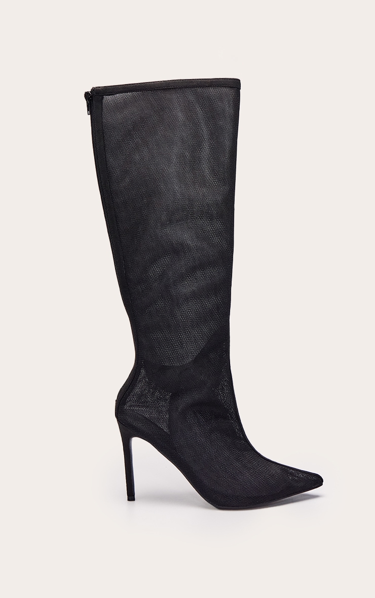 Black Mesh Heeled Knee High Boot image 2