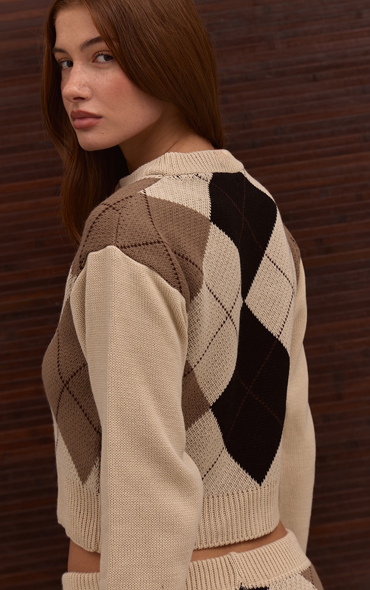 Cardigan court en maille tricot beige à losanges image 2