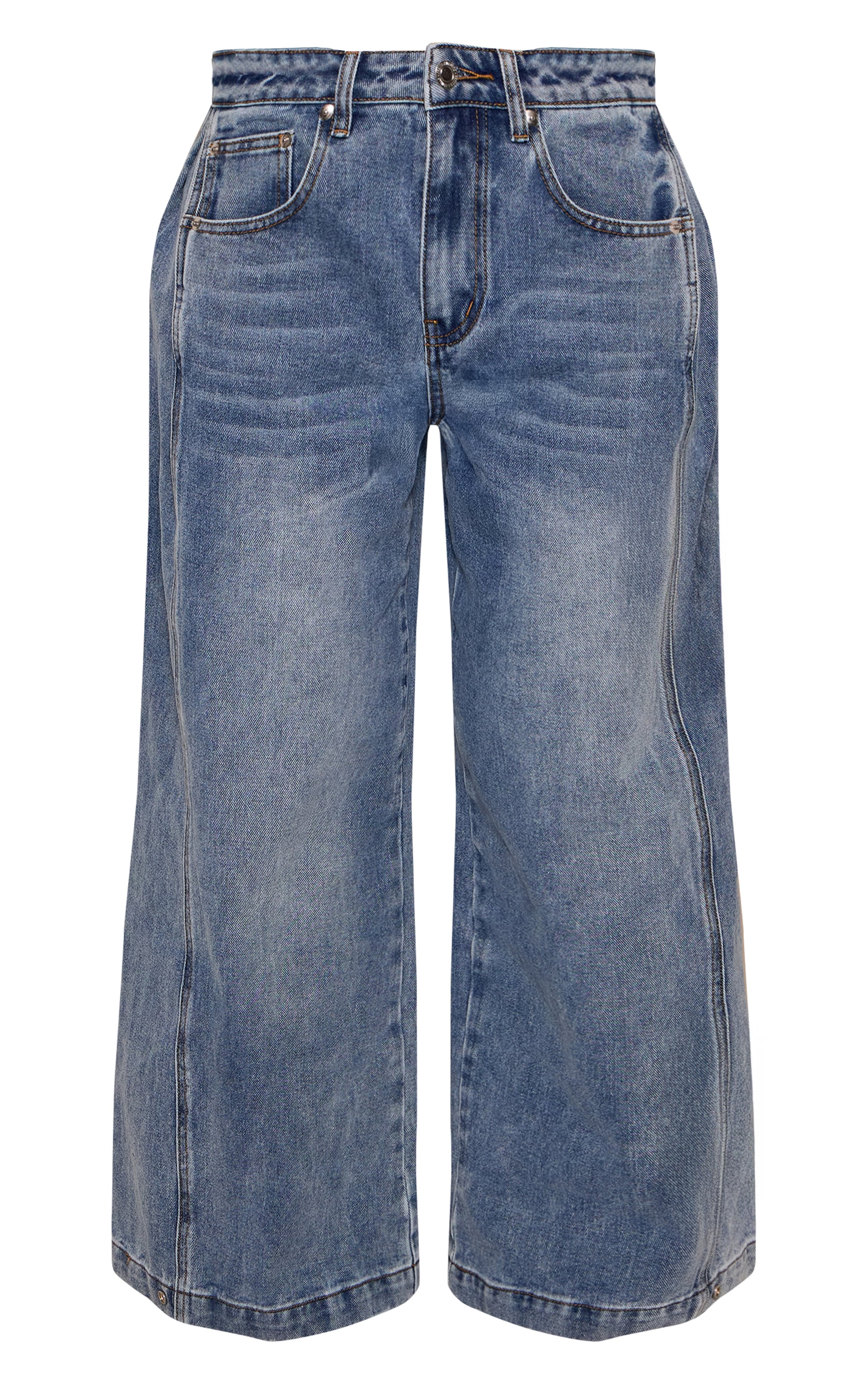 Petite Mid Blue Denim Side Pleated Detail Wide Leg Jeans image 5