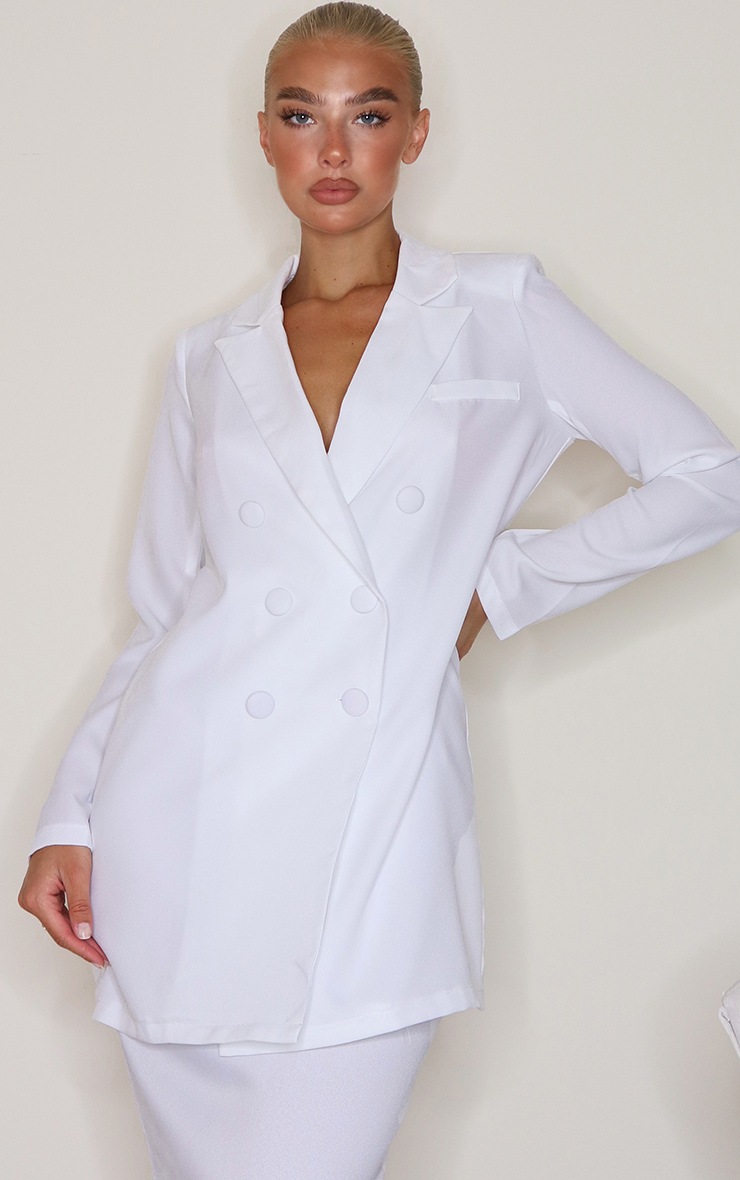 White Oversized Longline Button Detailing Blazer