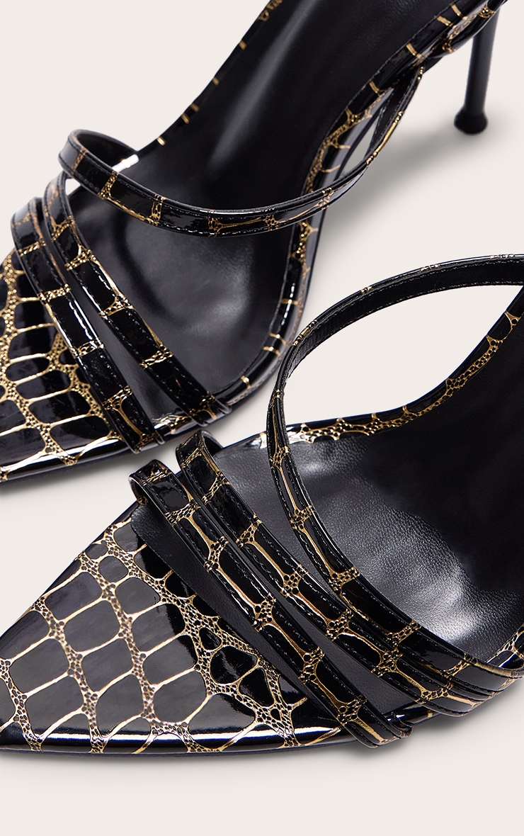 Black Contrast Croc Pu Point Toe Lace Up Heeled Sandals image 4