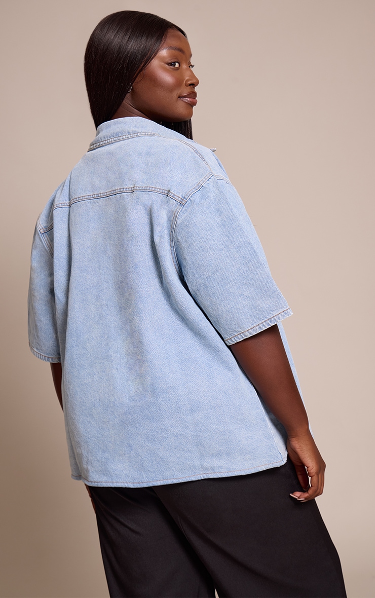 Plus Light Blue Wash Fabric Covered Button Detail Denim Shirt image 2
