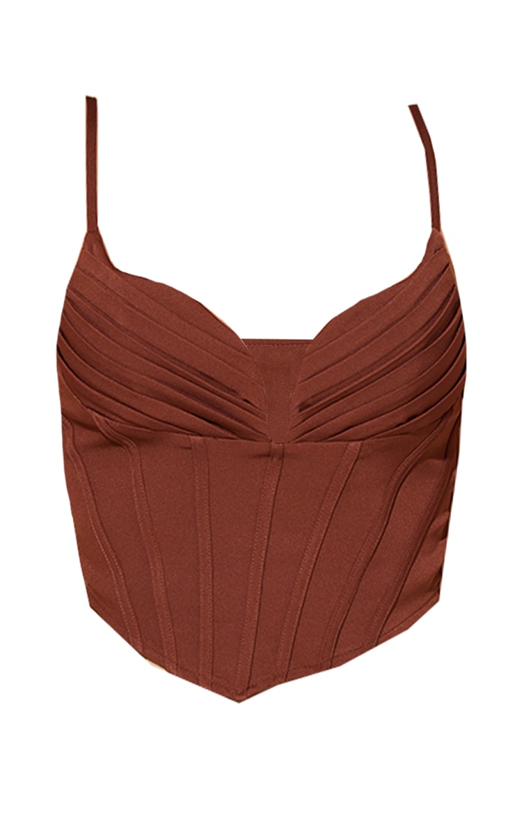 Crop top marron chocolat à bretelles et corset bustier plissé image 5