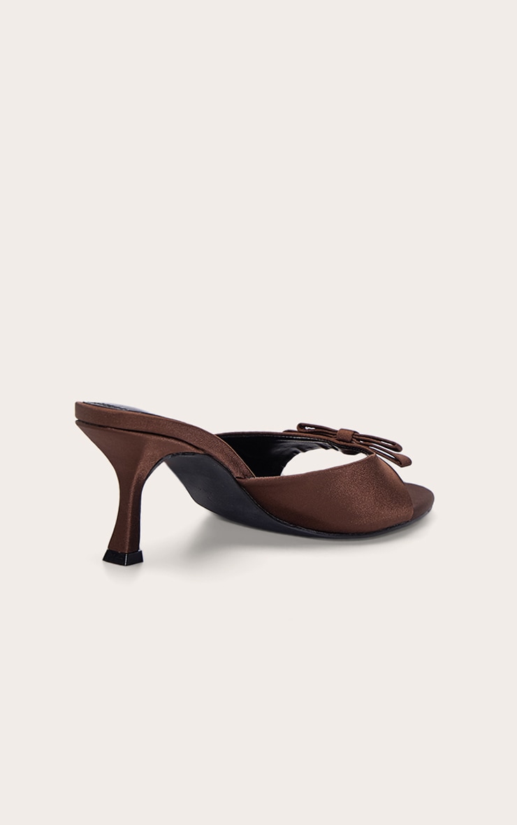 Chocolate Satin Round Toe Bow Strap Low Heel Open Toe Mules image 4