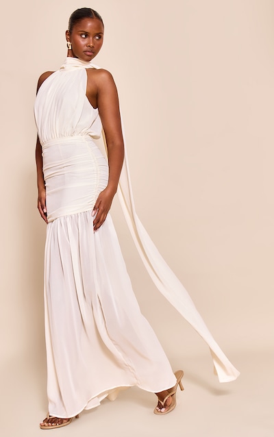 Cream High Neck Scarf Detail Ruched Maxi Dress