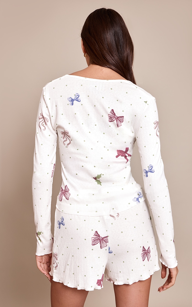 Christmas Bow Fitted Pointelle Long Sleeve Top and Shorts PJ Set image 2