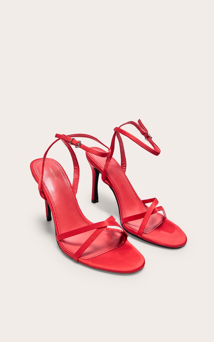 Red Satin Round Toe Cross Over Strap Barely There Heeled Sandals image 2