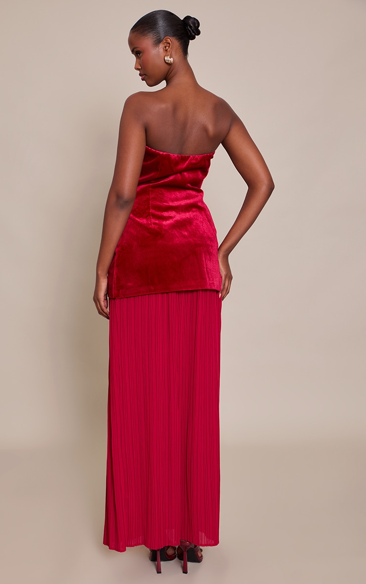 Wine Velvet Bandeau Pleated Chiffon Skirt Panel Maxi Dress image 2