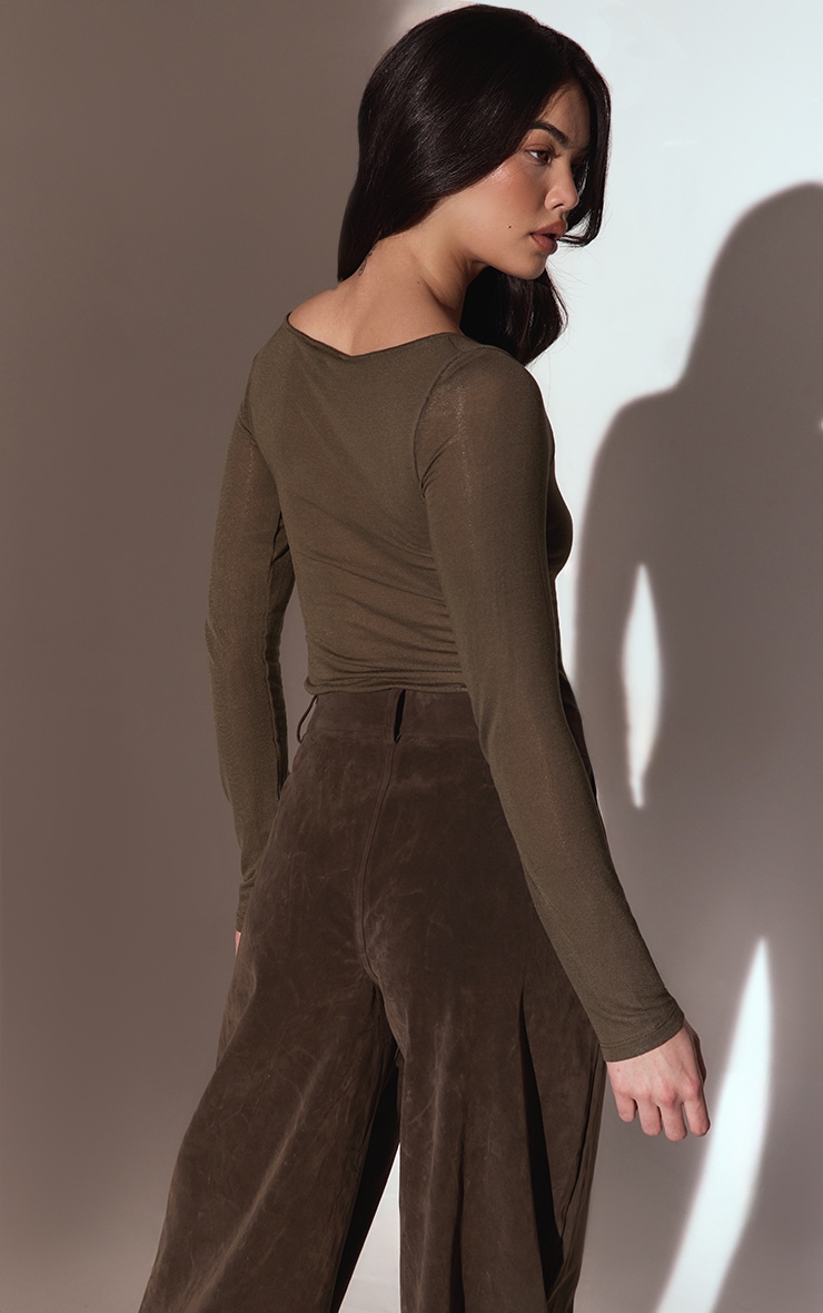 Khaki Sheer Soft Touch Crew Neck Long Sleeve Top image 2