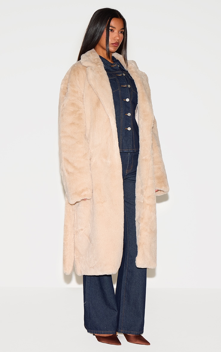 Taupe Faux Fur Self Tie Oversized Coat image 3