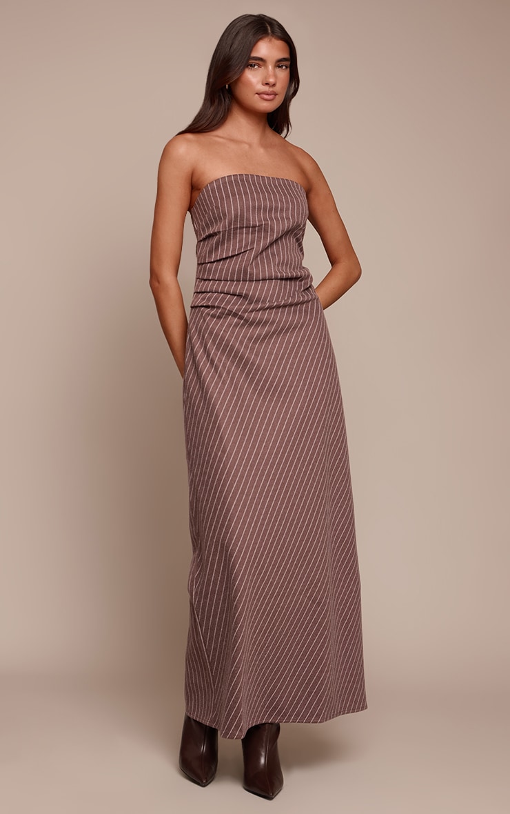 Chocolate Pinstripe Brushed Bandeau Maxi Dress image 3