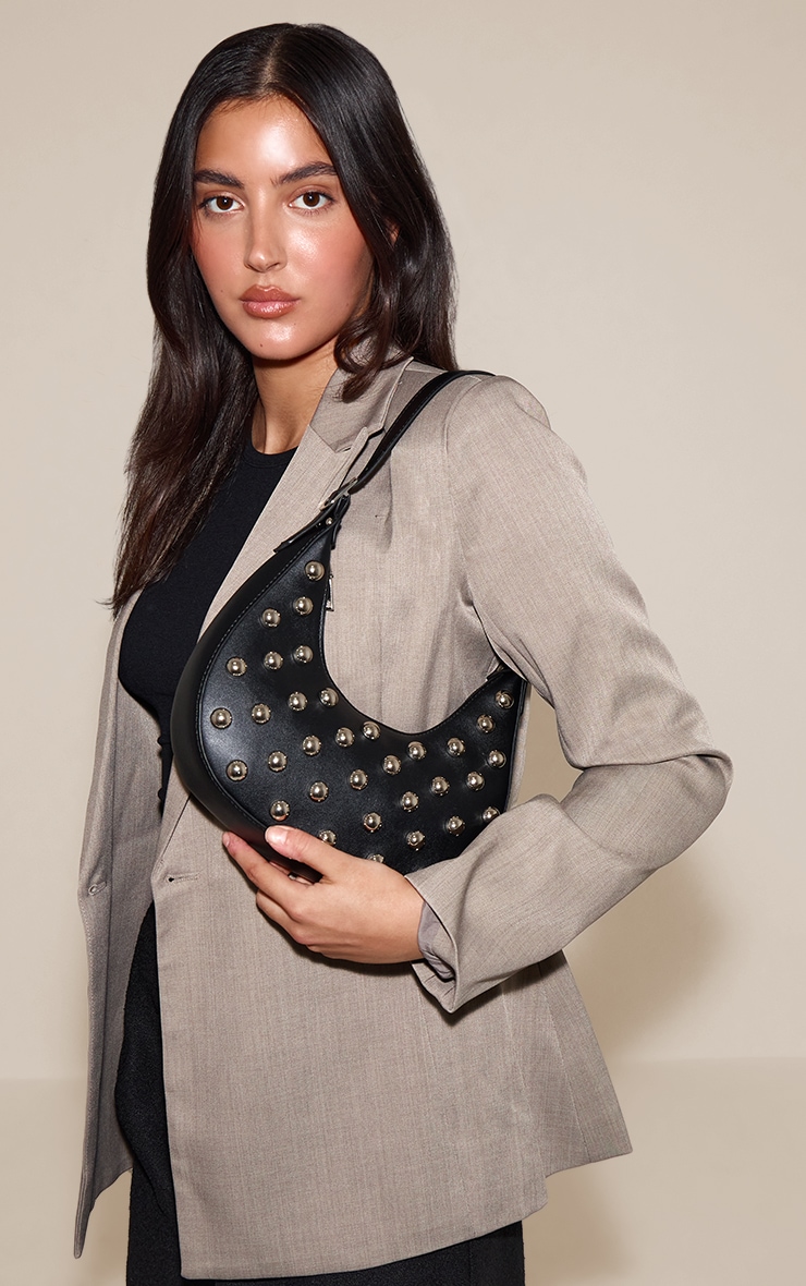 Black Dome Stud Curved PU Shoulder Bag