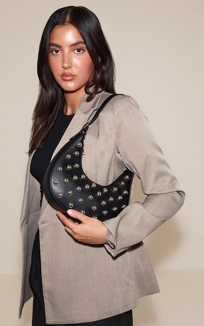 Black Dome Stud Curved PU Shoulder Bag