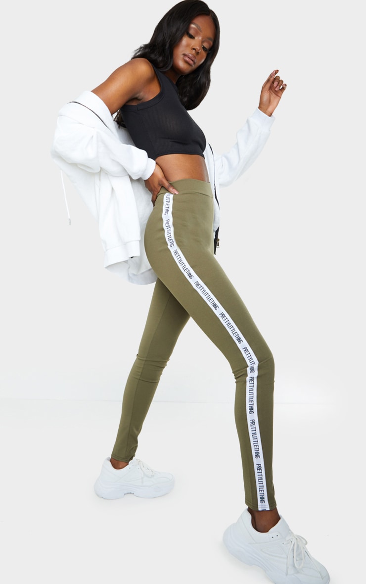 PRETTTYLITTLETHING Tall Khaki Side Tape Leggings