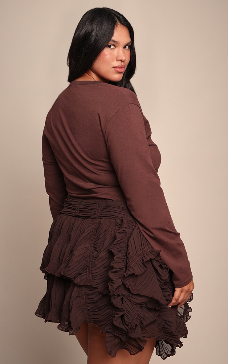 Plus Dark Chocolate Ruched Textured Low Rise Mini Skirt image 3